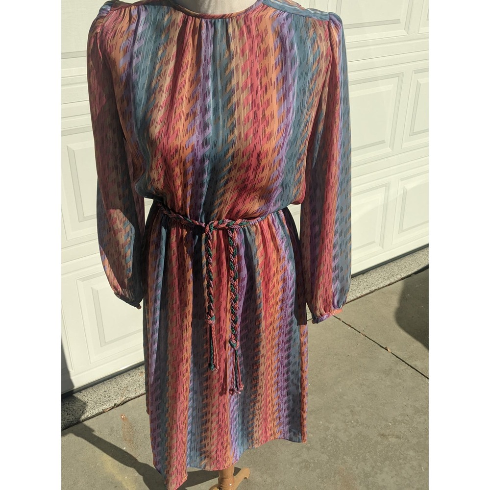 80's Rainbow Sheer Striped Summer Dress w Belt Vintage Indie Boho